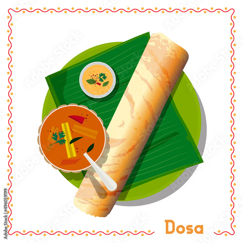 Illustration of south indian food (Breakfast) dosa on banana leaf