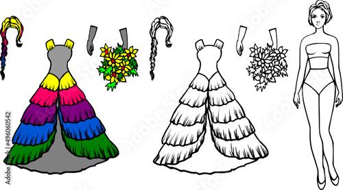 Sketch of a ruffled ball gown with tinsel. Dress for a painted doll, coloring book for children. Fashion clothes, wig, gloves, bouquet, accessories