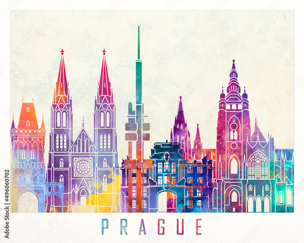 Prague landmarks watercolor poster