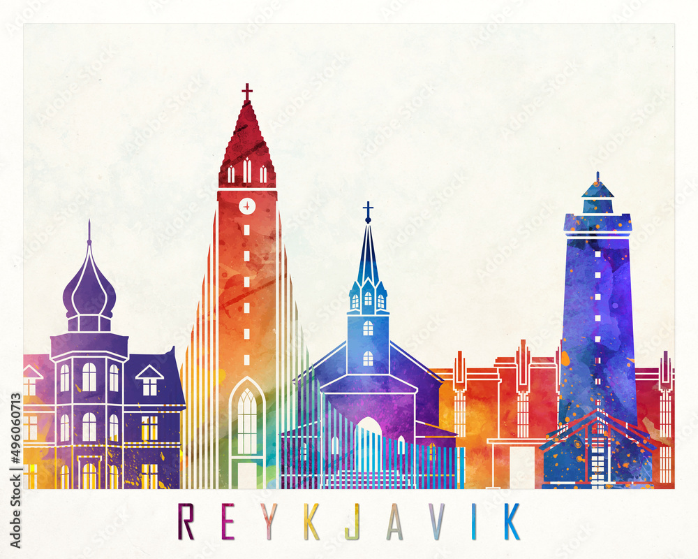 Fototapeta premium Reykjavik landmarks watercolor poster