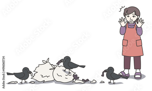 ゴミ袋を破っているカラスを見つけて驚いているエプロン姿の女性C【カラー／壁なし】