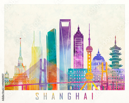 Shanghai landmarks watercolor poster