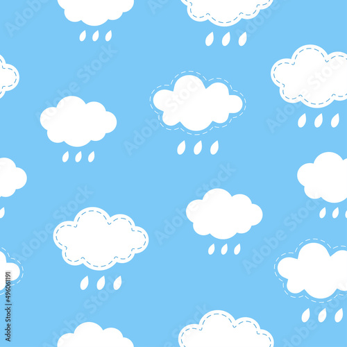 Seamless pattern background with white fluffy cartoon clouds and drops rain on light blue sky. Vector illustration for kids fabric or backdrop.