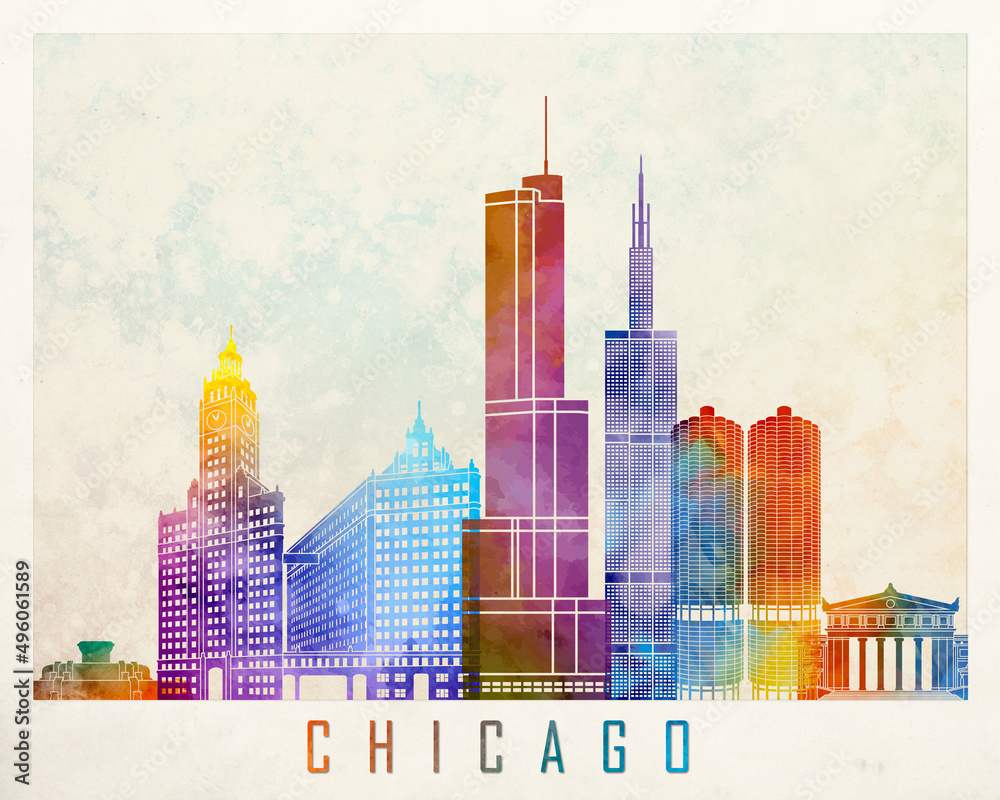 Chicago landmarks watercolor poster