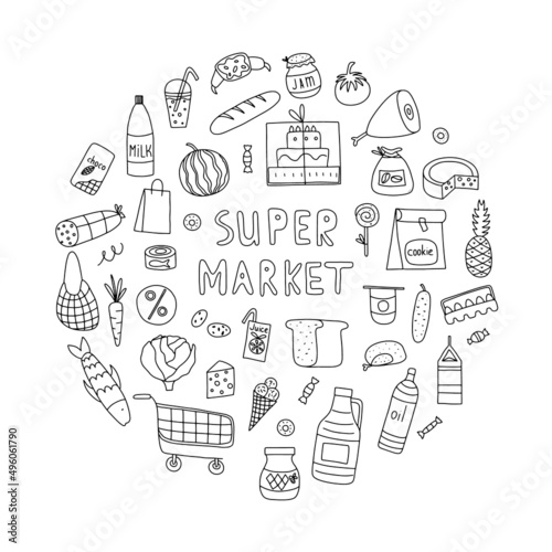 Hand drawn set of healthy food ingredient doodles with lettering in vector