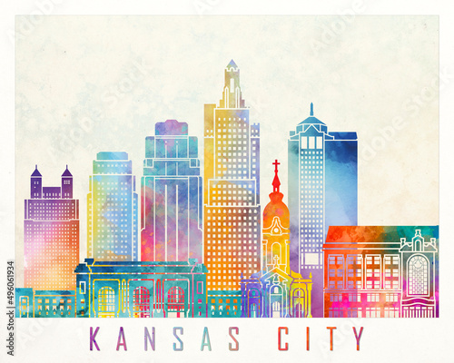 Kansas city landmarks watercolor poster