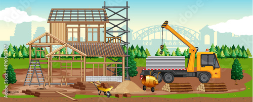 Cartoon scene of building construction site
