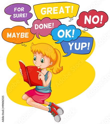 Speech bubbles with girl reading book