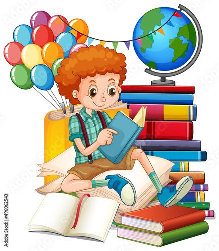 A boy reading books on a stack of books