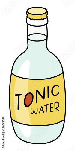 Doodle cartoon style bottle of Indian tonic water. Refreshing soft drink, cocktail ingredient. For card, stickers, posters, bar menu or cook book recipe.