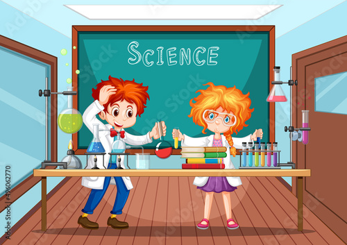 Classroom scene with scientist doing experiment