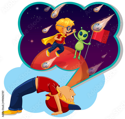 Boy thinking of flying in space