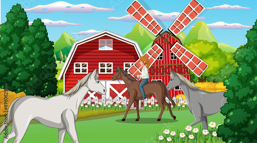 A girl riding on a horse at farm scene