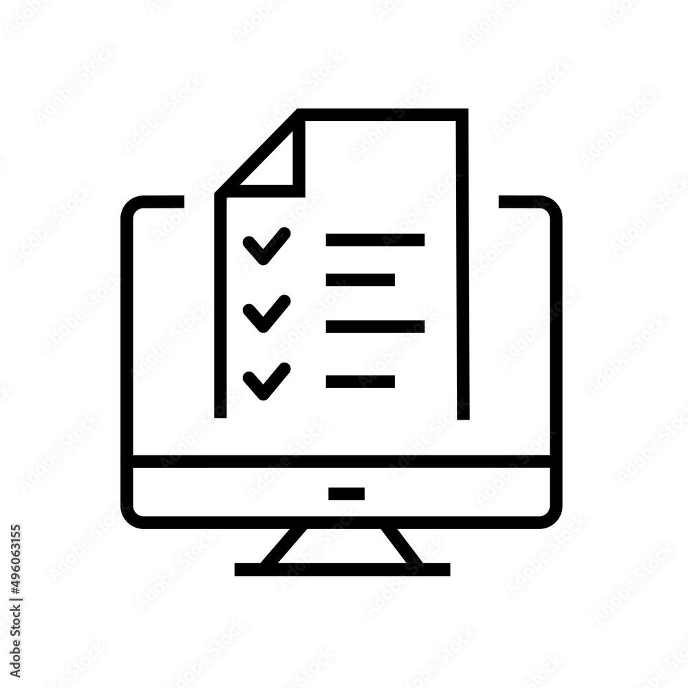 Vector computer and checklist icon. Online survey, application form with check marks, tasks list. Modern sign, linear pictogram, outline symbol, simple thin line icon Vector computer and checklist icon. Online survey, application form with check marks, tasks list. Modern sign, linear pictogram, outline symbol, simple thin line icon