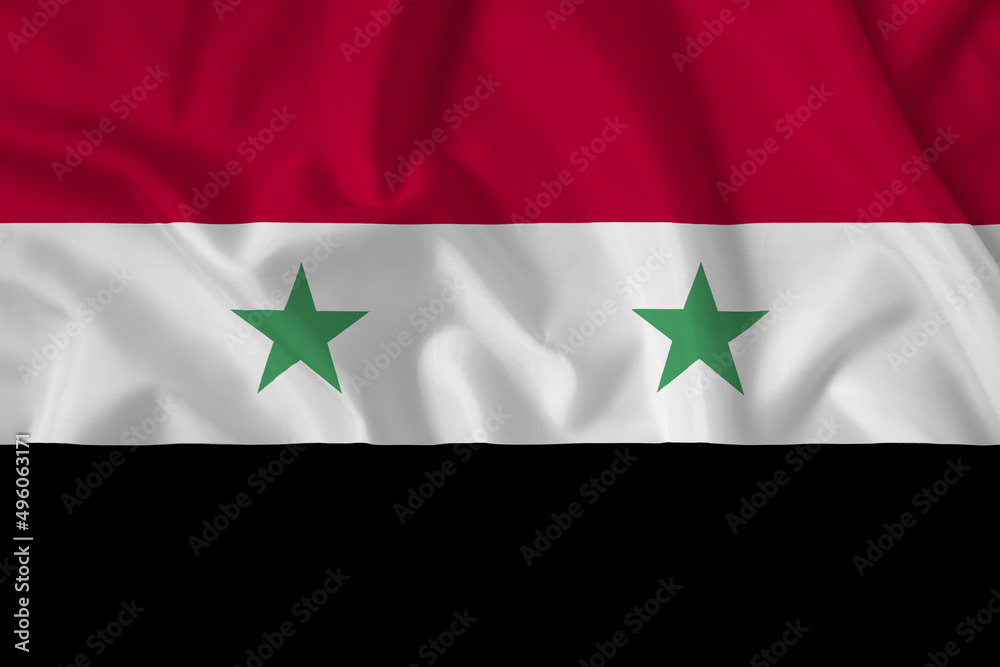 Syria flag with fabric texture. Close up shot, background