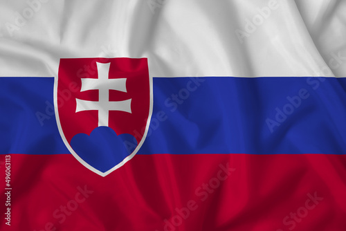 Slovakia flag with fabric texture. Close up shot, background
