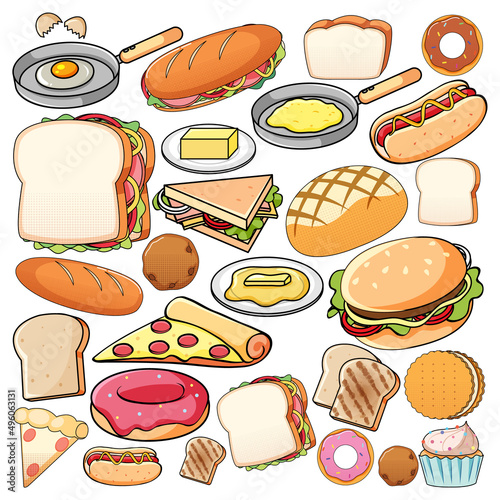 Different kinds of food on white background