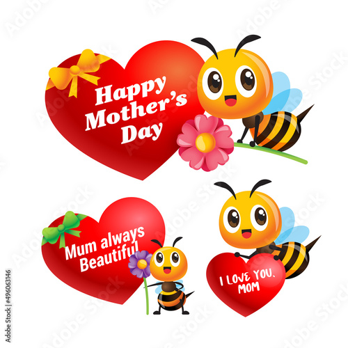 Happy Mother's Day. Collection of cartoon cute bee with big love shaped signage. Various mother's day greetings on heart shape. Vector character mascot set	