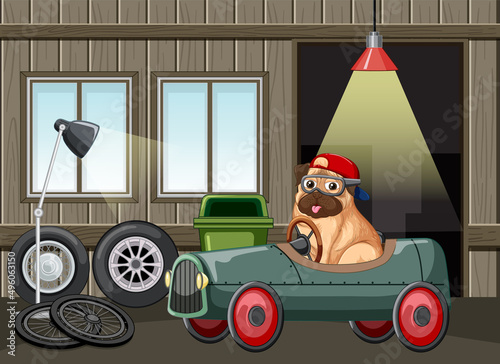Dog driving car in garage