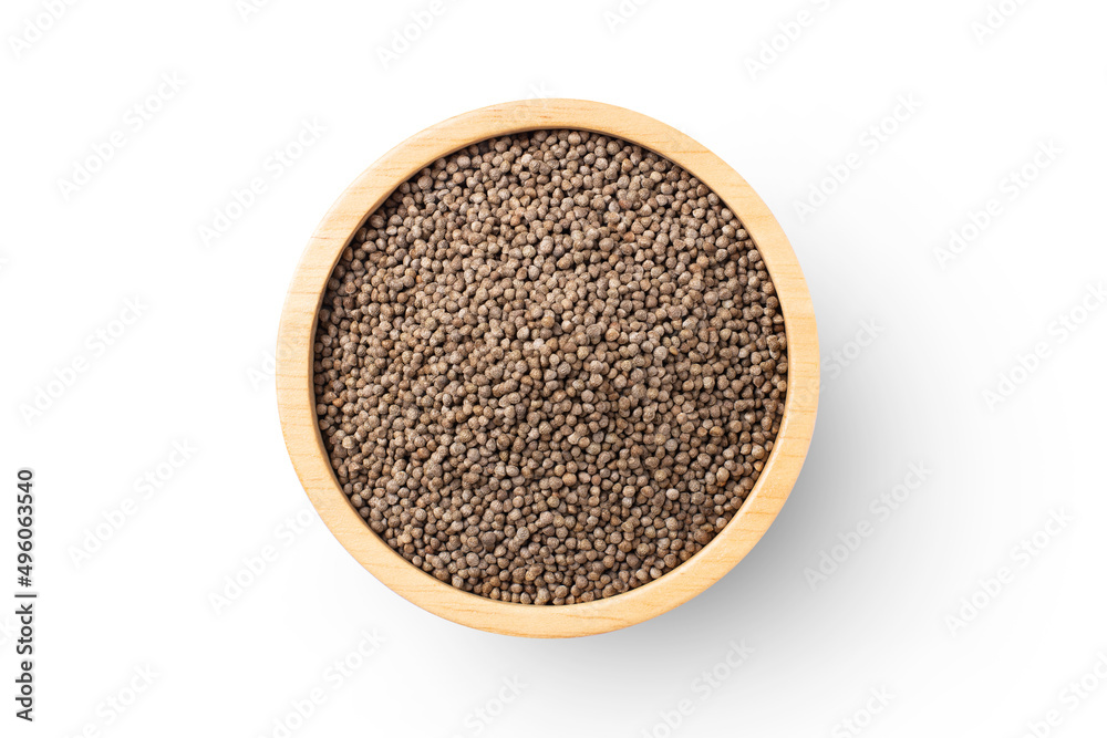 Perilla flutescens seeds in wooden bowl isolated on white background with clipping path. Top view. Flat lay. Perilla flutescens seeds in wooden bowl isolated on white background with clipping path. Top view. Flat lay.