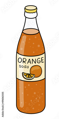 Doodle cartoon style bottle of orange soda orangeade. Refreshing soft drink, cocktail ingredient. For card, stickers, posters, bar menu or cook book recipe.