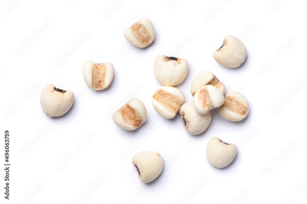  Job's tears seeds (Adlay millet or  pearl millet) isolated on white background. Top view. Flat lay