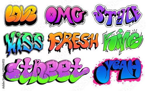Collection of abstract street graffiti elements. Vibrant vandalism on the walls of spray paint, street art with splashes and drips. Isolated on white background