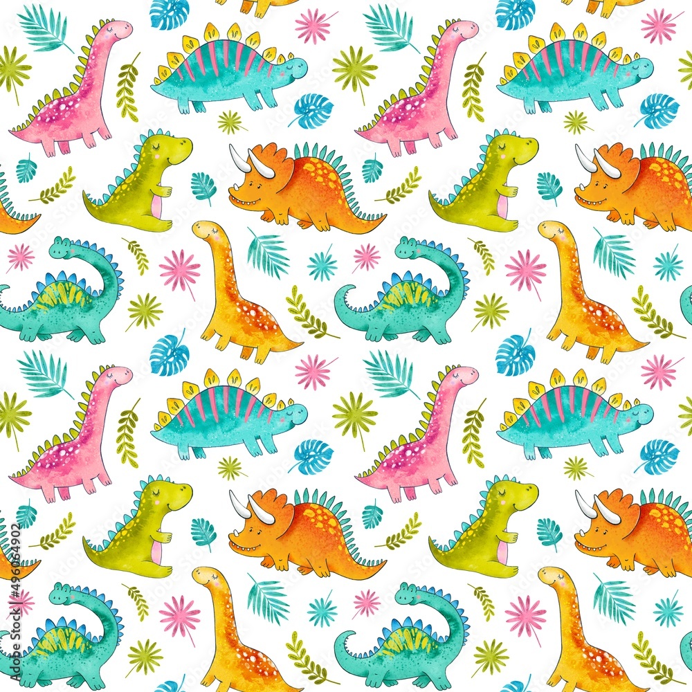 Fototapeta premium Watercolor seamless pattern cute kids dinosaurs. Hand painted watercolor. Trendy cartoon dinosaurs. Background in childish scandinavian style. Texture for fabric, wrapping paper, textile