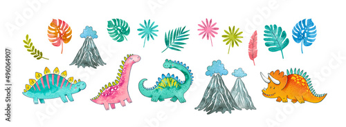 Watercolor collection of cute kids dinosaurs  tropical leaves and volcanoes. Hand painted watercolor. Trendy cartoon dinosaurs. Perfect for invitations  blogs  template card  Birthday  baby shower