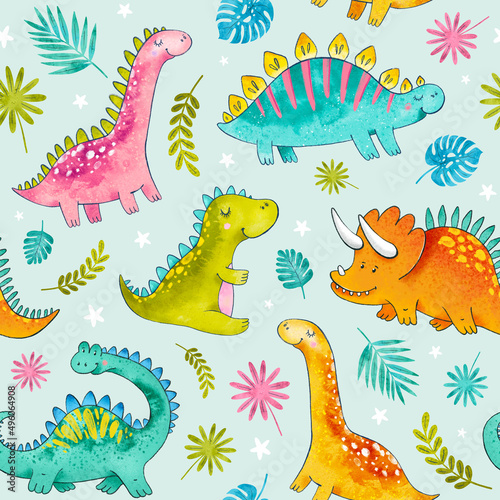 Watercolor seamless pattern cute kids dinosaurs. Hand painted watercolor. Trendy cartoon dinosaurs. Background in childish scandinavian style. Texture for fabric  wrapping paper  textile