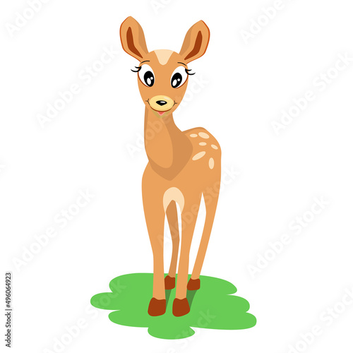 Cute fawn standing on the grass, isolated on a white background.Vector illustration can be used in children's textiles, postcards, notebook covers.