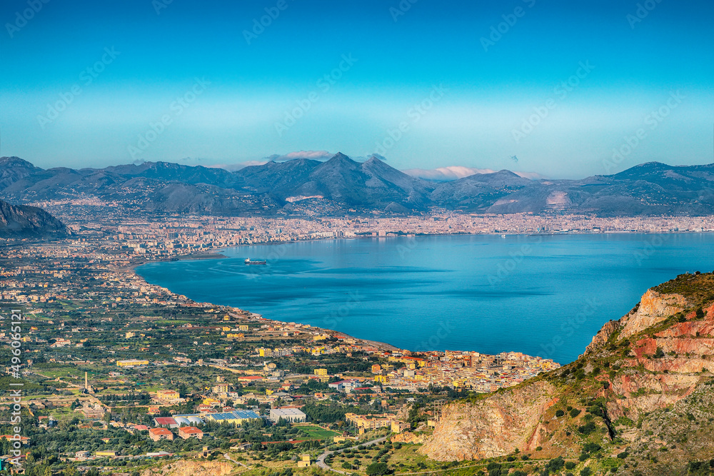 Fabulous morning view of Palermo town and national park Orientata Pizzo Cane.