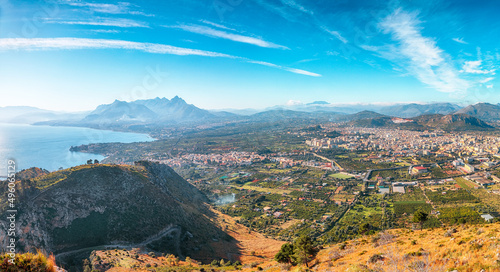 Gorgeous morning view of Bagheria town and national park Orientata Pizzo Cane. photo