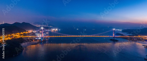 Canvas Print Aerial night view of Tsing Ma Bridge, famous landmark, Hong Kong