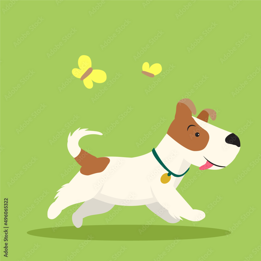 The dog runs in the summer. Jack Russell Terrier puppy illustration on green background. The dog runs in the summer. Jack Russell Terrier puppy illustration on green background.