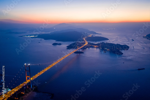 Photography Aerial night view of Tsing Ma Bridge, famous landmark, Hong Kong