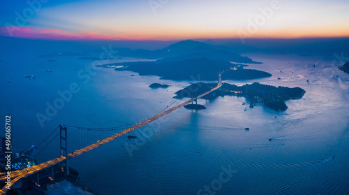 Photography Aerial night view of Tsing Ma Bridge, famous landmark, Hong Kong