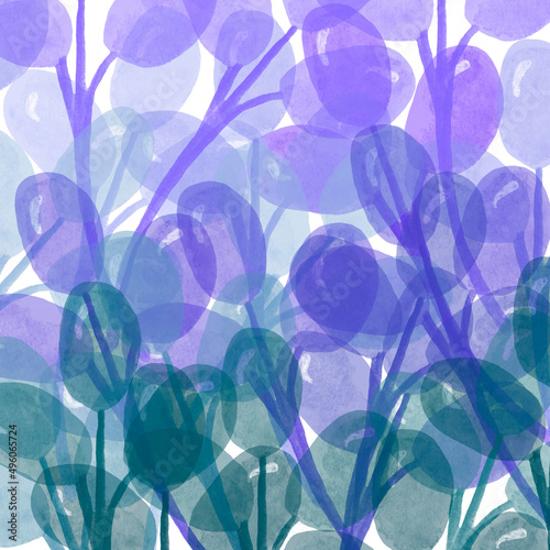 Watercolor background of the transition of the color of the leaves from turquoise, blue to purple on a white background