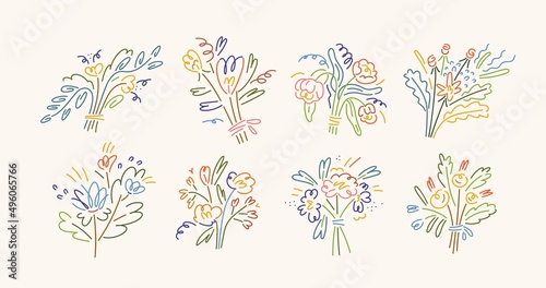 Flower bunches of abstract shapes in modern line art style. Spring floral bouquets  romantic gift. Creative drawings set. Trendy stylized blooms. Isolated hand-drawn graphic vector illustrations