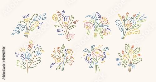 Flower bunches of abstract shapes in modern line art style. Spring floral bouquets, romantic gift. Creative drawings set. Trendy stylized blooms. Isolated hand-drawn graphic vector illustrations