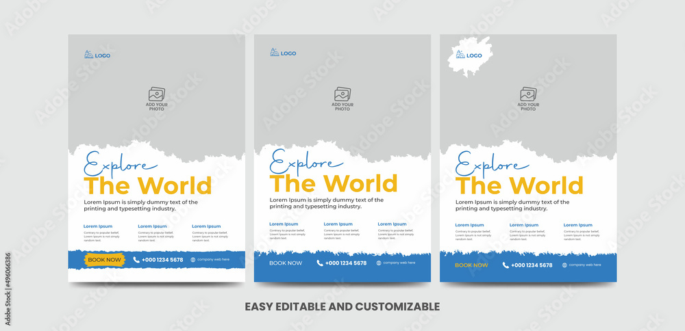 Modern poster travel flyer design template bundle. Editable tour poster template with brush stroke set