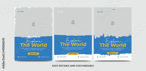 Modern poster travel flyer design template bundle. Editable tour poster template with brush stroke set