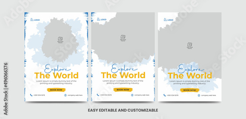 Modern poster travel flyer design template bundle. Editable tour poster template with brush stroke set