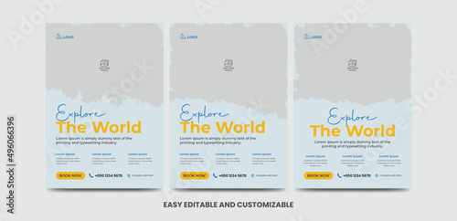 Modern poster travel flyer design template bundle. Editable tour poster template with brush stroke set