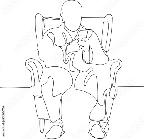 Continuous one line drawing of outline of mature man in a bathrobe sitting in an armchair and using a smartphone isolated on white background. Vector illustration