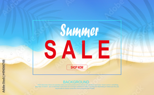 Summer sale banner. Top view of the sea beach with waves. Illustration with shadows of plants. Seasonal discount offer
