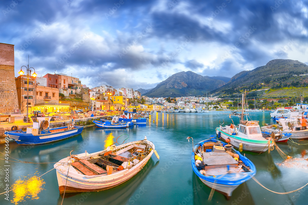 Dramatic evening cityscape of Castellammare del Golfo town.