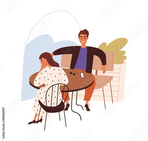 Couple on bad first date. Unlucky uncomfortable dating with unpleasant narcissist. Man, woman dont match. Mismatched people at failed rendezvous. Flat vector illustration isolated on white background