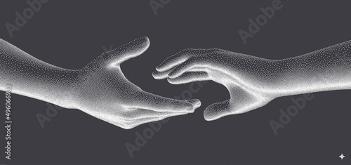 Hands reaching towards each other. Concept of human relation, togetherness or  partnership. 3D vector illustration. Design for banner, flyer, poster, cover or brochure.