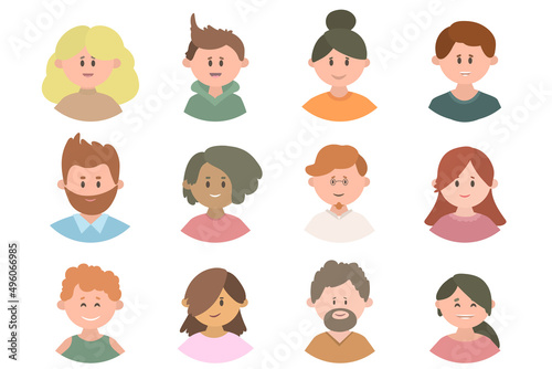 People avatar set. Diversity group men and women. Vector illustration. flat style. User pic, different yong human face icons for representing person in a game, Internet forum, account.